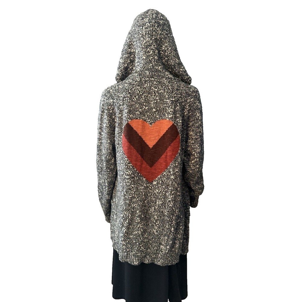 Life Is Good Open Long Cardigan Marled Black Cotton Heart Hood Whimsical SZ M